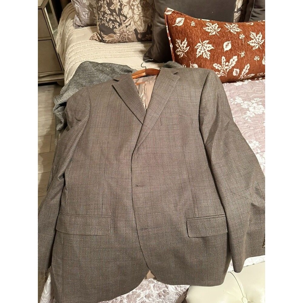 Hart Schaffner Marx 46L Glen Plaid Sport Coat Blazer Brown Tan Made USA